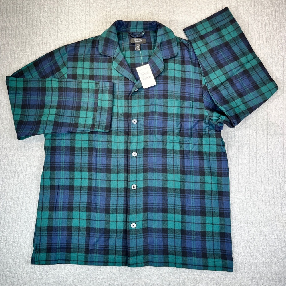 New Nordstrom Shop Plaid Pajama Top Sleep Shirt Blackwatch Blue Green Medium